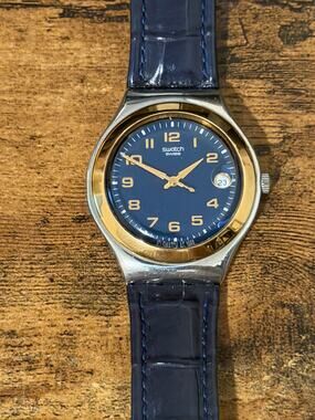 Vintage Swatch Irony Blue Dial Gold Bezel Quartz Watch Leather Strap